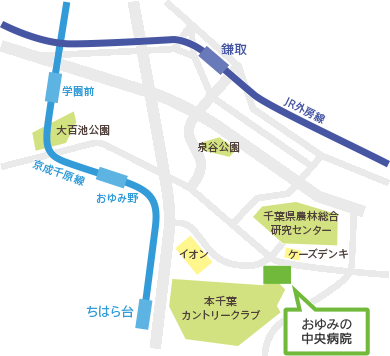 おゆみの中央病院周辺の道路の地図